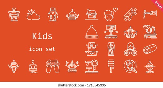 kids icon set. line icon style. kids related icons such as bookworm, robot, cloudy, chameleon, explore, gamepad, mummy, winter hat, sweet, boy, toy