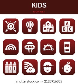 conjunto de iconos para niños. Ilustraciones de línea delgada vectorial relacionadas con Piñata, globo aerostático y escuela
