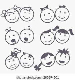 Kids icons, happy faces, smile children, boy and girl silhouette, linear design - vectors