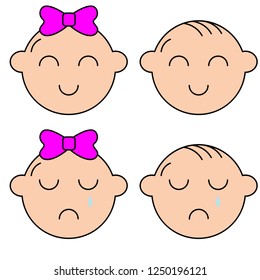 Kids icons set. baby girl and boy crying and laughing