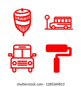 kids icons set with spin hand drawn toy, roller and school bus front view vector set