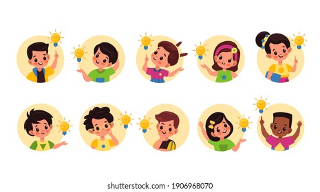 Kids with idea lamp. Happy cute children in round frames with ideas and lamps sings, little pupils boys and girls founded right solution, imagination and innovation symbol vector flat cartoon isolated set