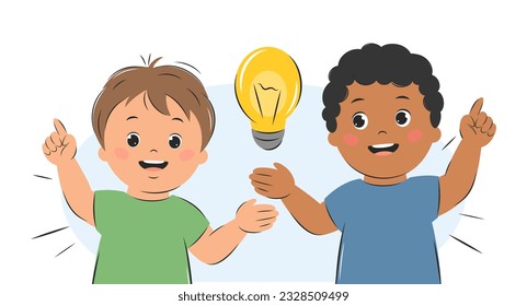 Kids with an idea, with lightbulb. Cartoon characters boys for children design. Knowledge, creative thinking and education concept. Vector illustration