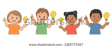 Kids with an idea, with lightbulb. Cartoon characters girl and boy for children design. Knowledge, creative thinking and education concept. Vector illustration