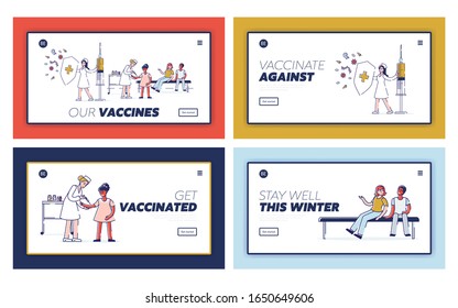 Kids Ill Prevention, Healthcare Website Landing Page Set. Doctor Put Vaccine Injection to Child. Children Get Vaccination from Flu Disease Web Page Banner. Cartoon Flat Vector Illustration, Line Art