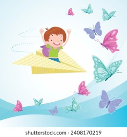 kids illusration with beautiful butterfly background going to school