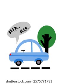 kids illustration; a blue car and a tree