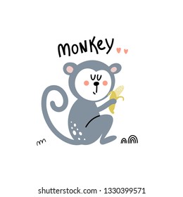 Kids illustration with a cute monkey eating a banana and text isolated on white background in vector.