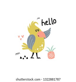 Kids illustration with a cute parrot and word - hello, isolated on white background in vector.