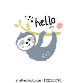 Kids illustration with a cute smiling sloth and word - hello, isolated on white background in vector.