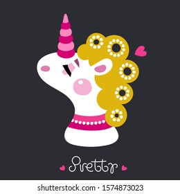 Kids illustration for design prints, cards and birthday invitations. Cartoon cute rosy unicorn. Dream - Vector illustration.