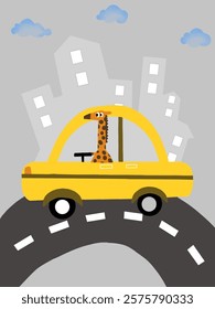 kids illustration; a girrafe driving a yellow car on the road 