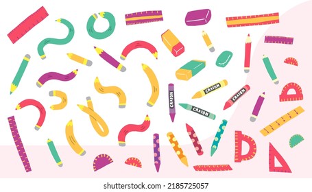 Kids Illustration. Graphic Design of  Fun Hand drawn Crayons, Pencils, Ruler, Eraser,Rubber,Semi Circle, set square, Art Supplies for Back to school theme background, Isolated on White Background