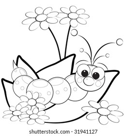 Kids illustration with grub on leaves with flowers - Coloring page