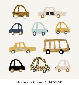 Kids illustration with hand drawn cute cars. Nursery minimalistic background. Scandinavian design for children. Kids cars