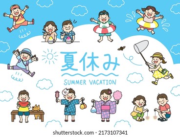 Kids illustration on summer vacation. Letters means "Summer Vacation".