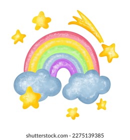 Kids illustration rainbow with stars and clouds, vector cartoon style design