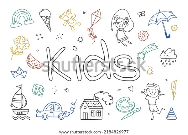Kids illustration set. Collection of stickers\
for social networks in hand drawn style. Cute icons for website.\
Children, home, car. Cartoon flat vector illustrations isolated on\
white background