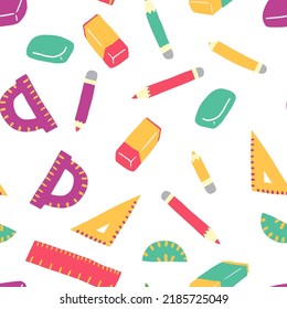 Kids Illustration. Vector Repeating Seamless Patterns of Colorful Hand drawn Stationery Supplies, Color Pencil Rubber, Semi Circle, Ruler, Set Square,On white background, Supplies for Back to school