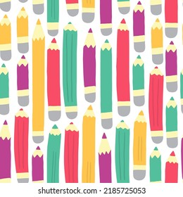 Kids Illustration. Vector Repeating Seamless Patterns of Fun Colorful Hand drawn Colored Pencil Vertical Alignment On white background, Art Supplies for Back to school theme background