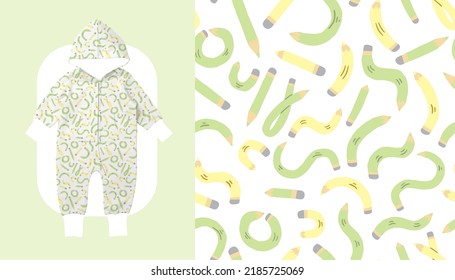 Ilustración de niños. Vector que repite los patrones impecables del lápiz de color de dibujos de dibujos a mano verde y amarillo pastel divertido Sobre fondo blanco, material de arte para volver a la escuela fondo del tema