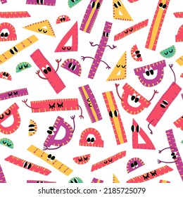  Kids Illustration. Vector Repeating Seamless Patterns of 
Fun Colorful Hand drawn Lively Ruler, Semi Circle, Set Square Student Supplies with hands and eyes for Back to school theme background