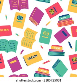 Kids Illustration. Vector Repeating Seamless Patterns Of Fun Colorful Variety Of Books ,notebooks And Pencil ,On White Background, Art Supplies For Back To School Theme Background