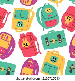 Kids Illustration. Vector Repeating Seamless Patterns of Fun Colorful Hand drawn variety of School bags,On white background, Art Supplies for Back to school theme background