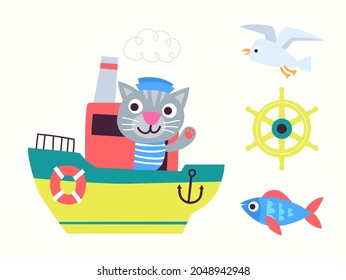 kids illustrations with the cute cat on boat, children books, poster, greeting cards, mobile and table games design