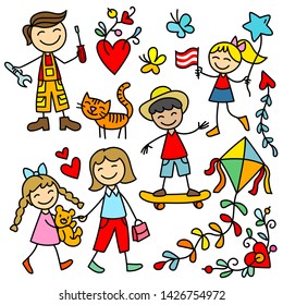 Kids illustrations vector, Children Vectors, Children in different positions isolated on white background, Jumping Kids