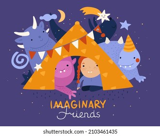 Niños con amigos imaginarios. Chica en tienda de campaña para niños y monstruos adorables y felices. Criaturas fabulosas. Fantasías y juego en el mundo de la ficción. Animales oníricos y soñadores divertidos