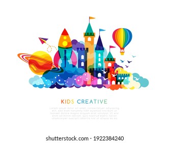 Kids imagination castle. Colorful childhood fantasy fort with rainbow towers, rocket, clouds, planet elements. Vector decoration element for design kids club, preschool room or kindergarten