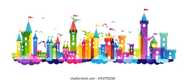 Kids imagination castle. Colorful childhood fantasy fort with rainbow towers. Horizontal border for design kids club, preschool room or kindergarten