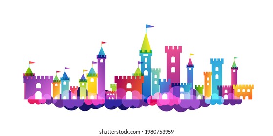 Kids imagination castle. Colorful childhood fantasy fort with rainbow towers. Horizontal border for design kids club, preschool room or kindergarten