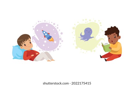 Concepto de imaginación infantil, niño lindo soñando con ser astronauta y leyendo ilustración vectorial de estilo de caricatura