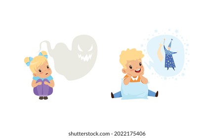 Kids Imagination Concept, Cute Little Girl Scared of Ghosts, Boy Dreaming of Becoming Wizard Cartoon Style Vector Illustration