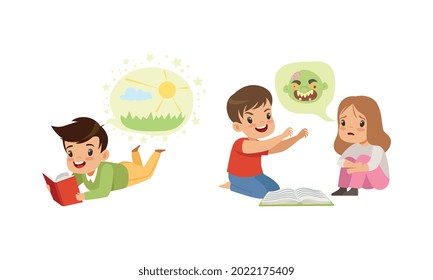 Kids Imagination Concept, Cute Little Children Reading Books Cartoon Style Vector Illustration