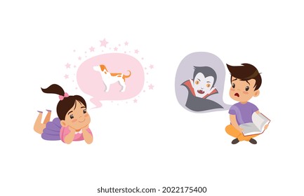 Kids Imagination Concept, Little Boy Reading Scary Book, Girl Dreaming of Dog Cartoon Style Vector Illustration