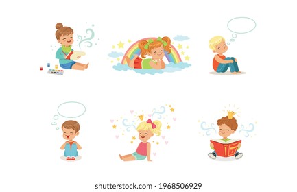 Kids Imagination and Fantasy Concept, Adorable Little Boys and Girls Dreaming about Something with Speech Bubbles over their Heads Cartoon Vector Illustration