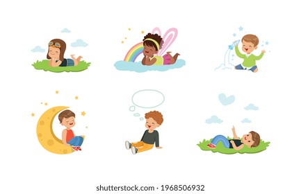 Kids Imagination and Fantasy Concept, Adorable Little Boys and Girls Dreaming about Future Profession, Playing in Fantasy World Cartoon Vector Illustration