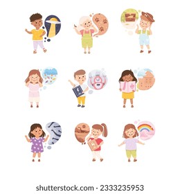Kids Imagination and Fantasy with Fabulous Picture from Book Reading Vector Set