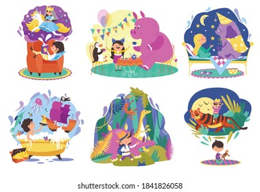 Kids Imagination, Fantasy World Cartoon Vector Illustrations Set. Children And Cute Monsters. Little Boy, Girls Imagine Magical Fairytale Creatures, Riding Dragon. Magical Dreams, Imaginable Animals.