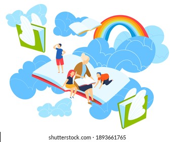 Kids imagine magic world vector illustration. Mother reading story to children, happy family, fairy tale. Kids imagination, child imagine himself in sky story and rainbow. Bedtime book reading.