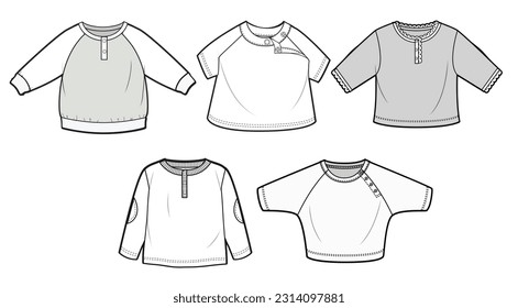 Camiseta de manga larga para niños, Ilustración de la moda del suéter de té infantil, vector, CAD, dibujo técnico, plano plano, plantilla, recolección.