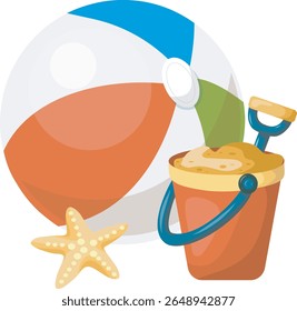 
Kids inflatable ball, kids red beach bucket and starfish
