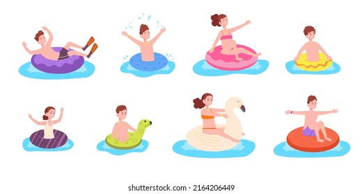 Kids inflatable circle. Children swimming inflatables rubber and flippers in pool swim sea game, floating child sunny resort water circles sport game, splendid vector illustration of water pool summer
