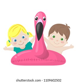 Kids with inflatable Flamingo float - summer illustration cartoon style