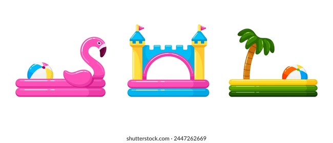 Kids inflatable pools for summer beach party or playground. Rubber paddling pools in shape of pink flamingo, castle and ring with palm with ball floating in water, vector cartoon illustration