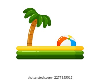Kids inflatable swimming pool with toy palm tree and beach ball, children's rubber bath for summer water games, home parties. Side view. Vector colorful illustration isolated on white background