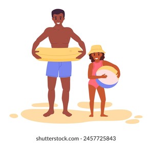 Kids with inflatable toys. Teenage boy and little girl playing on beach, brother and sister carrying rubber ring and ball flat vector illustration. Cartoon children on sandy beach